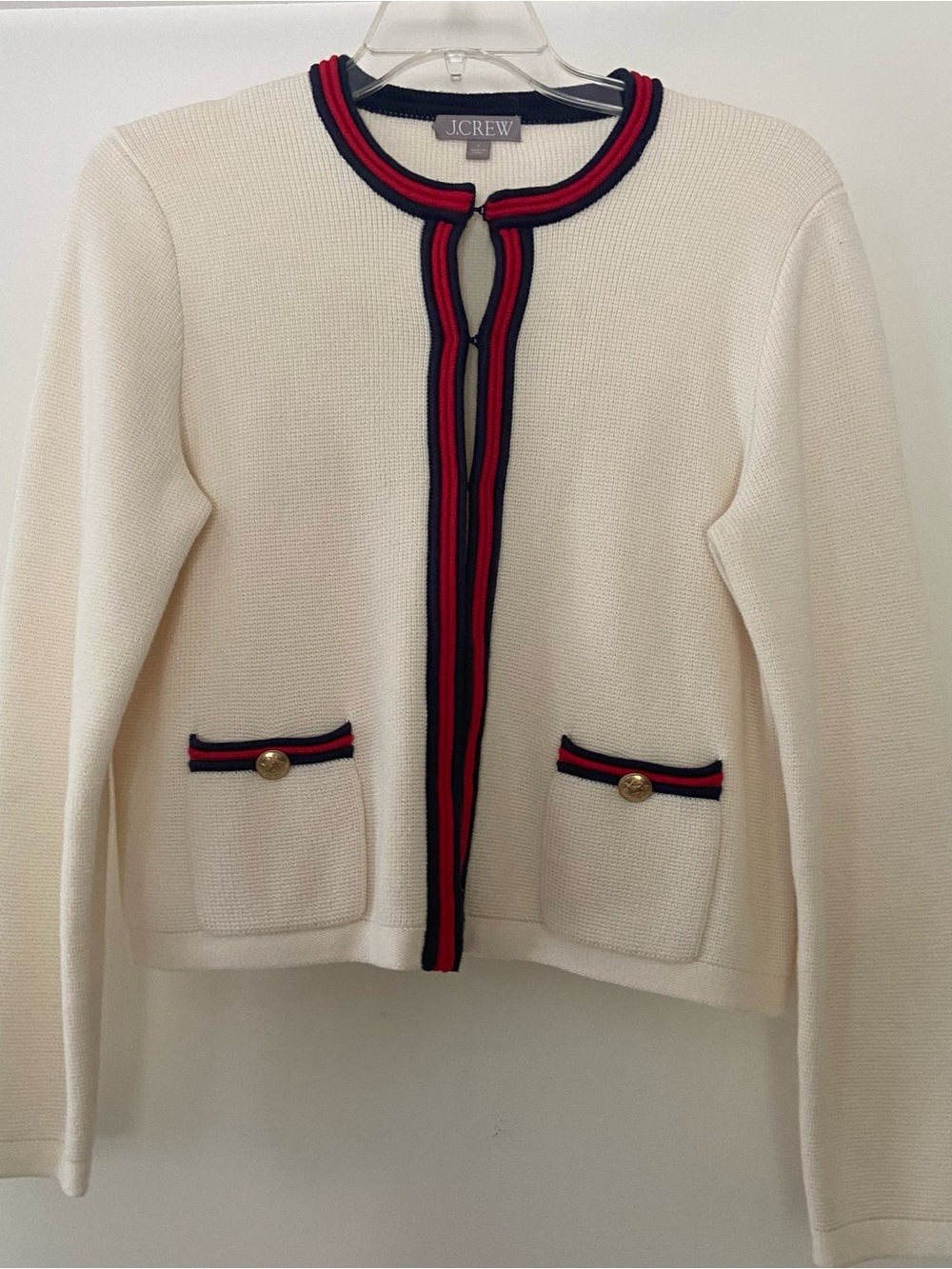 J.Crew Sz L Emilie Sweater Lady Jacket Cardigan Ivory Red Navy Nautical Preppy